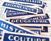 9 vintage labels - French -  gummed school subject labels