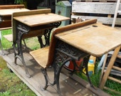 ANTIQUE SCHOOL DESKS, 3 wooden student desks on rail, iron detail, rustic patina ANTIQUE SCHOOL DESKS, 3 wooden student desks on rail, iron detail, rustic patina