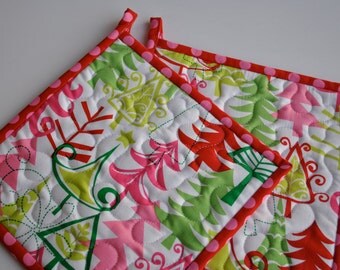 Christmas Potholders, Yule Trees, Michael Miller, Quilted Potholders, Contemporary Kitchen Potholders
