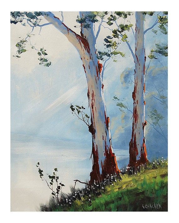 Australian Gum Trees Painting Original River Landscape by G.