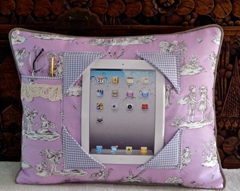 iPad Pillow with Toile Flower Faires in Lavender