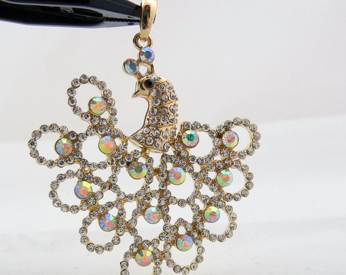 Gold-tone Peacock Pendant with AB Rhinestone Accents