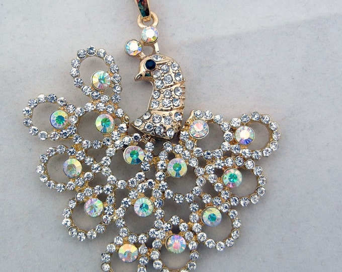 Gold-tone Peacock Pendant with AB Rhinestone Accents