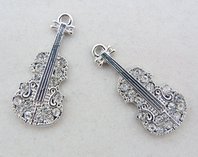 Pair of Silver-tone Violin Charms Rhinesrone Accents