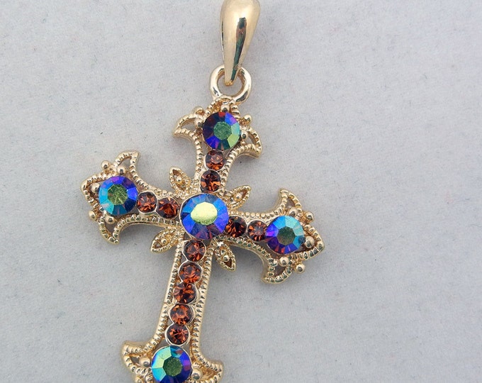 Small Gold-tone Filigree Cross Pendant AB Topaz Rhinestones