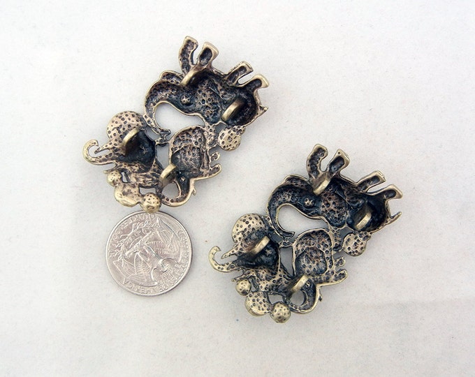 Set of 2 Antique Gold-tone Elephant Slide Charms Rhinestones