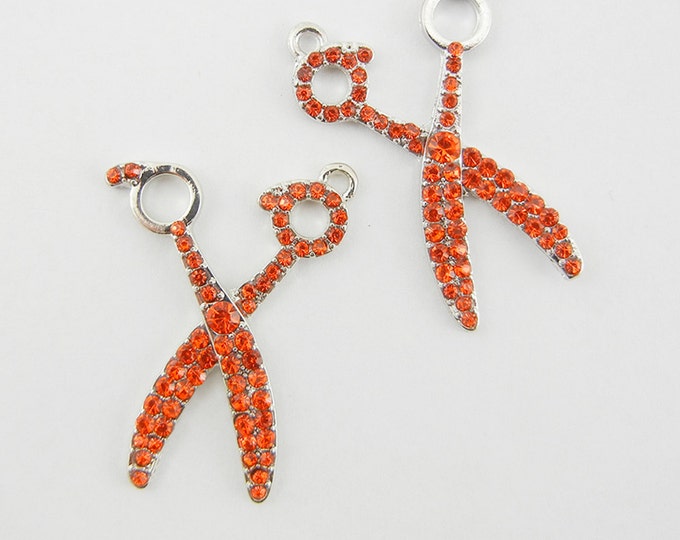 Pair of Silver-tone Red Orange Rhinestone Scissor Charms