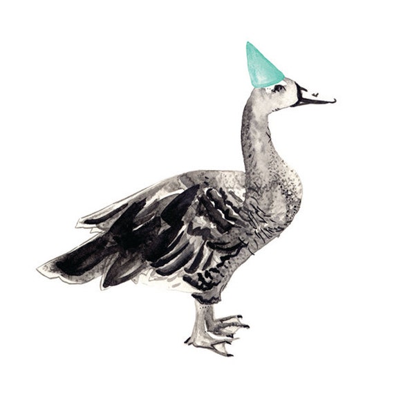 Party Animal Goose with Party Hat Watercolour Pen and Ink