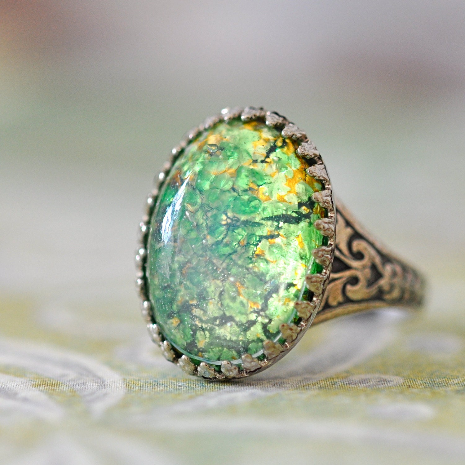 Peridot Green Glass Opal Ring. Vintage glass on by ElvesGarden