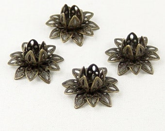 Bronze Bead Cap 10 Vintage Dark Antique Bronze Flower 3 Tiered Layer Filigree Bendable 16mm (1082cap16z1)xz