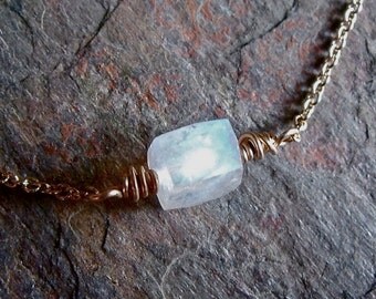 Rainbow Moonstone Gold Filled Cube Necklace