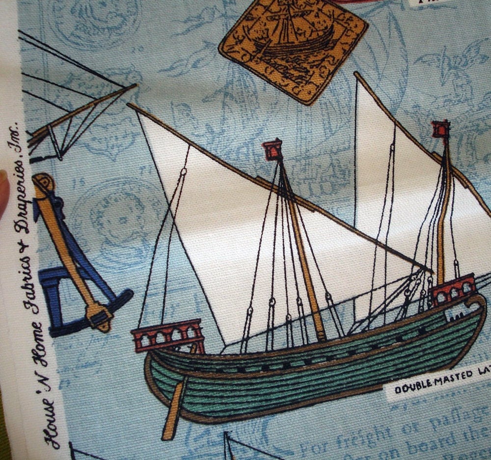 Tall Ship Nautical Upholstery Fabric Cotton Historic Ships