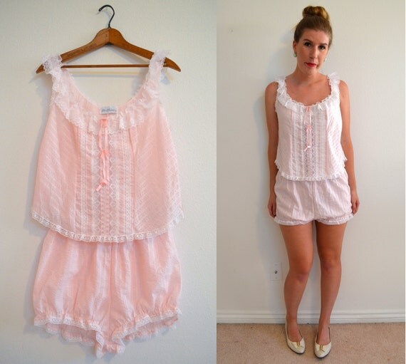 Vintage lingerie light pink lace pajamas bloomer set