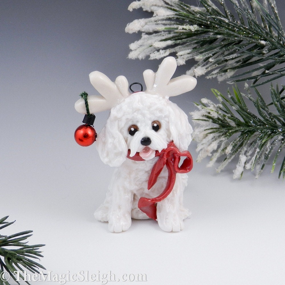 Bichon Frise Ornament Reindeer Antlers Porcelain