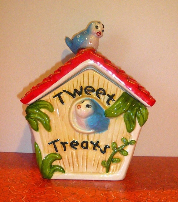 Vintage Cookie Jar Bird House With Bluebirds by VintageReinvented