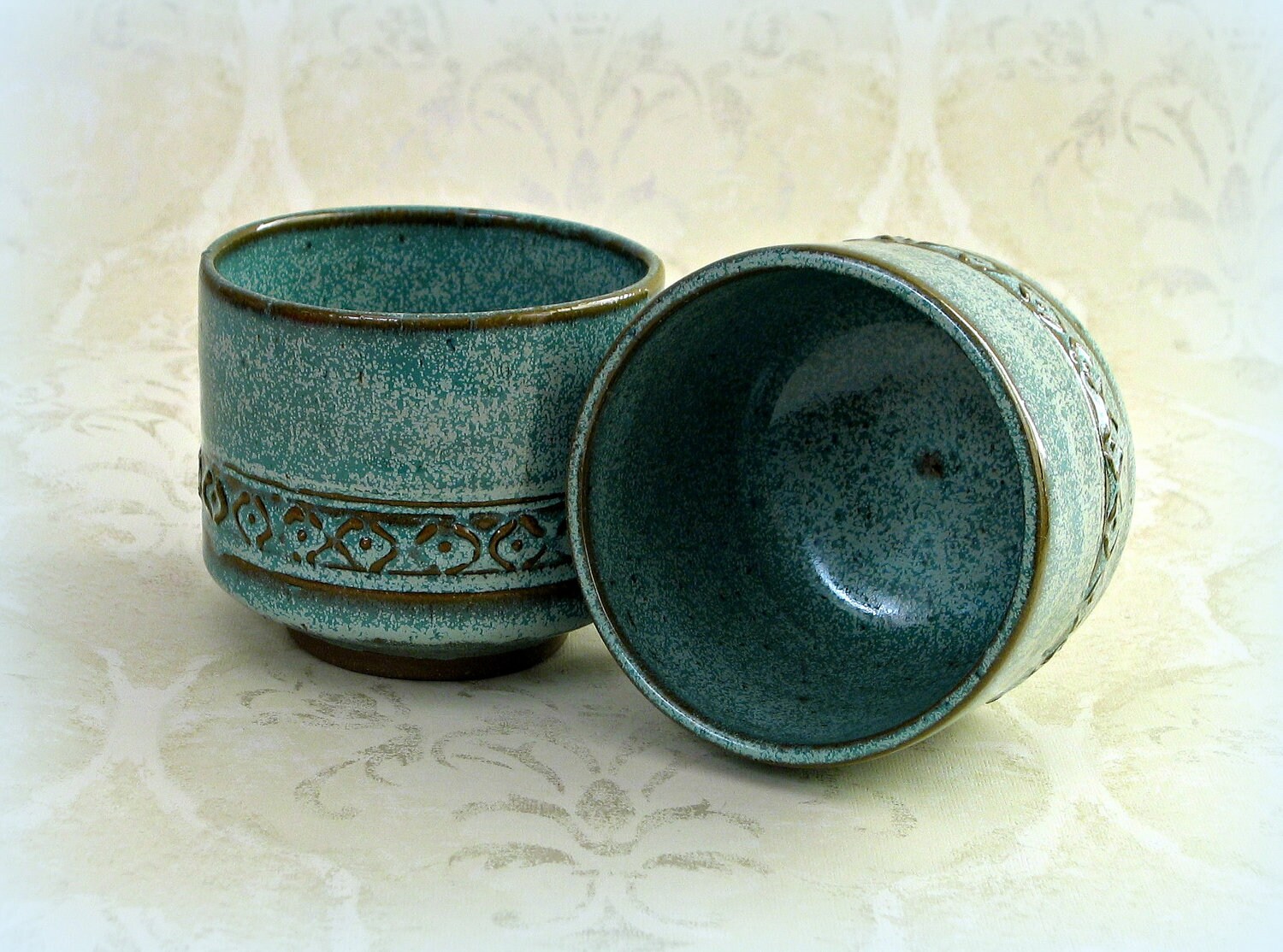 Pair Japanese Tea Cups in Speckled Aqua