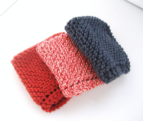 Items similar to Cotton Knit Dish Rags Set of 3 in Red, Blue and Red ...