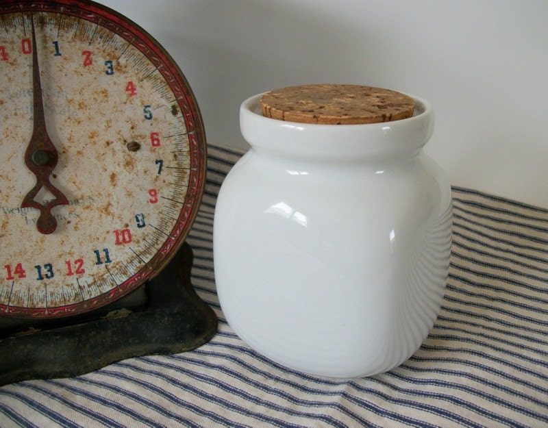 Vintage Ceramic White Jar with Cork Lid Kitchen Storage Jar
