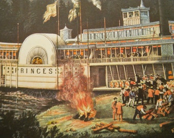 Princess Riverboat Wooding Up OnTthe Mississippi River 1952 Currier & Ives Print 1800s Book Reprint 11 x 15 To Frame