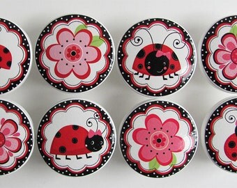 Cute Ladybug Drawer Knobs, Red and Black Ladybug Knobs, Girl's Flower Knobs- Wood Knobs- 1 1/2 Inches - Made-to-Order