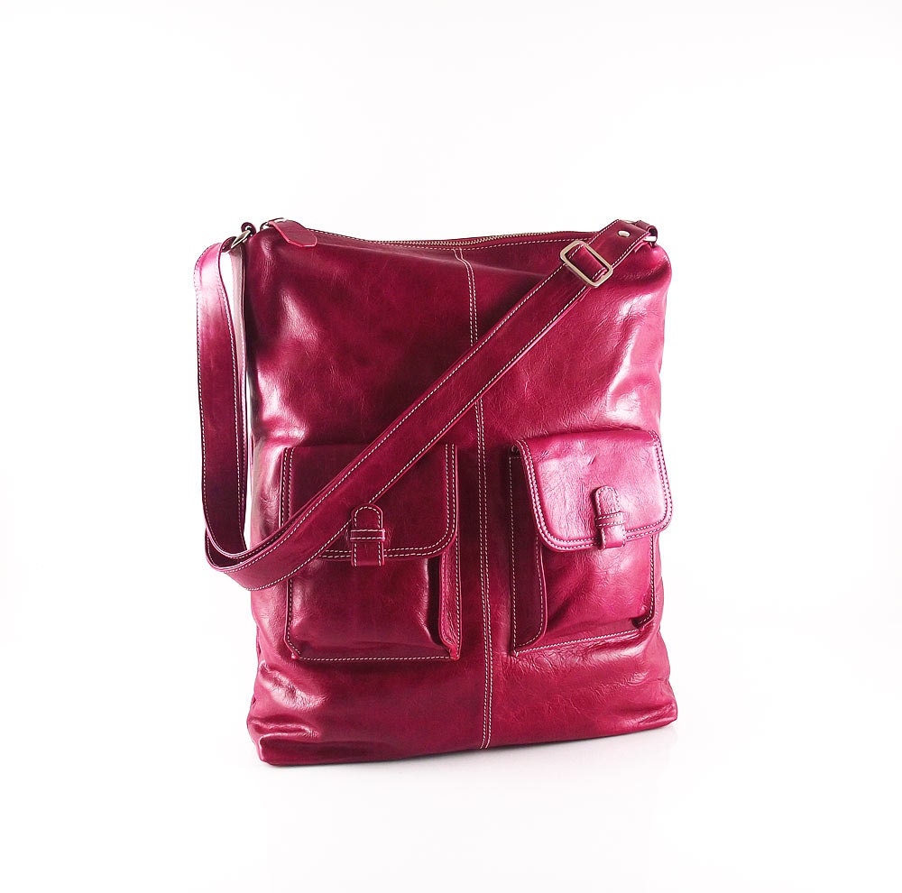 Hot pink distressed leather handbag / shoulderbag / by artoncrafts
