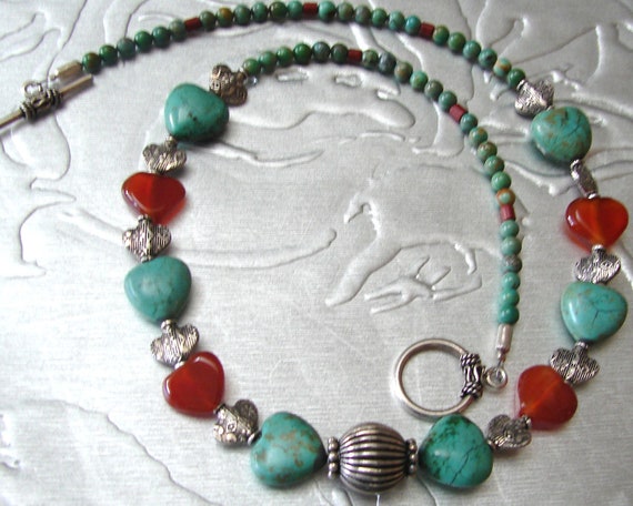 Turquoise / Carnelian / Sterling Hearts Necklace by CarolesJewelry