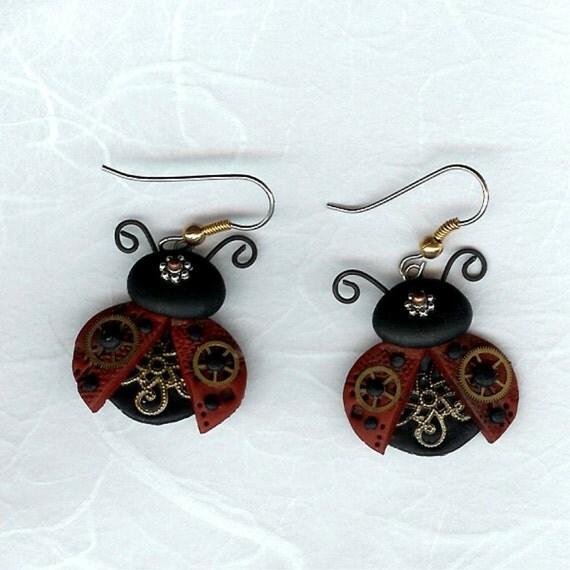 Items similar to Steampunk Ladybug Earrings Polymer Clay Jewelry on Etsy