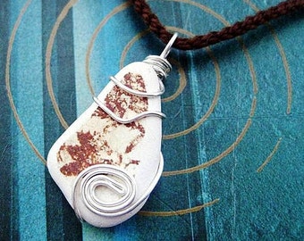 Brown Sea Pottery Pendant. Irish Beach Pottery Necklace on Crochet Chain. Storm in a Teacup