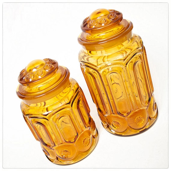 Two Vintage Amber Glass Apothecary Jars L E by TheVintageRhino