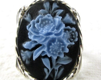 Blue Rose Bouquet Cameo Ring Sterling Silver Jewelry
