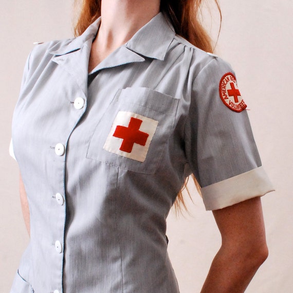 Vintage 40s 1940s Nurse Uniform Dress m/l Red Cross nursing