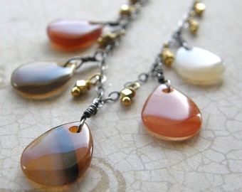 Red Agate Teardrop Necklace, Extra Long Chain Necklace, Mixed Metals Gold and Silver Necklace, Boho Rustic Orange Necklace