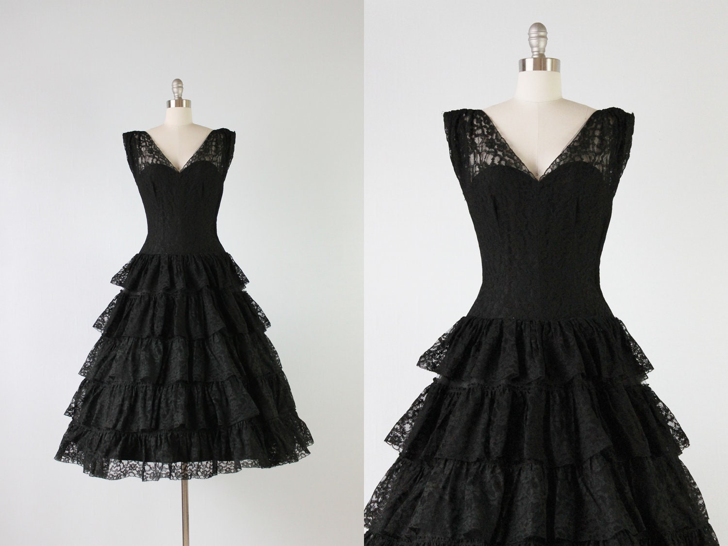 1950s Dress / 50s Black Lace Dress / Lace Dress / Midnight