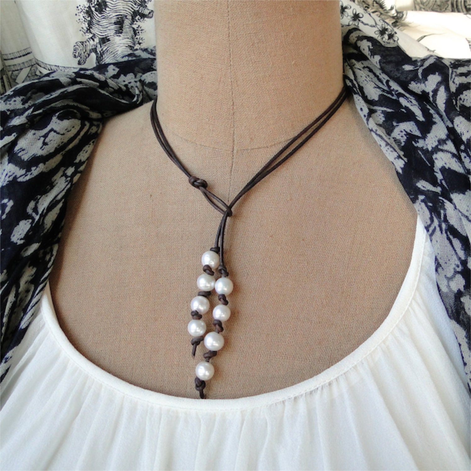 LEATHER and PEARL LARIAT by JohnnysSister on Etsy