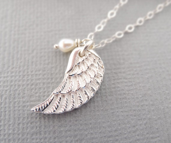 Tiny Pearl Birthstone Necklace silver angel wing with tiny