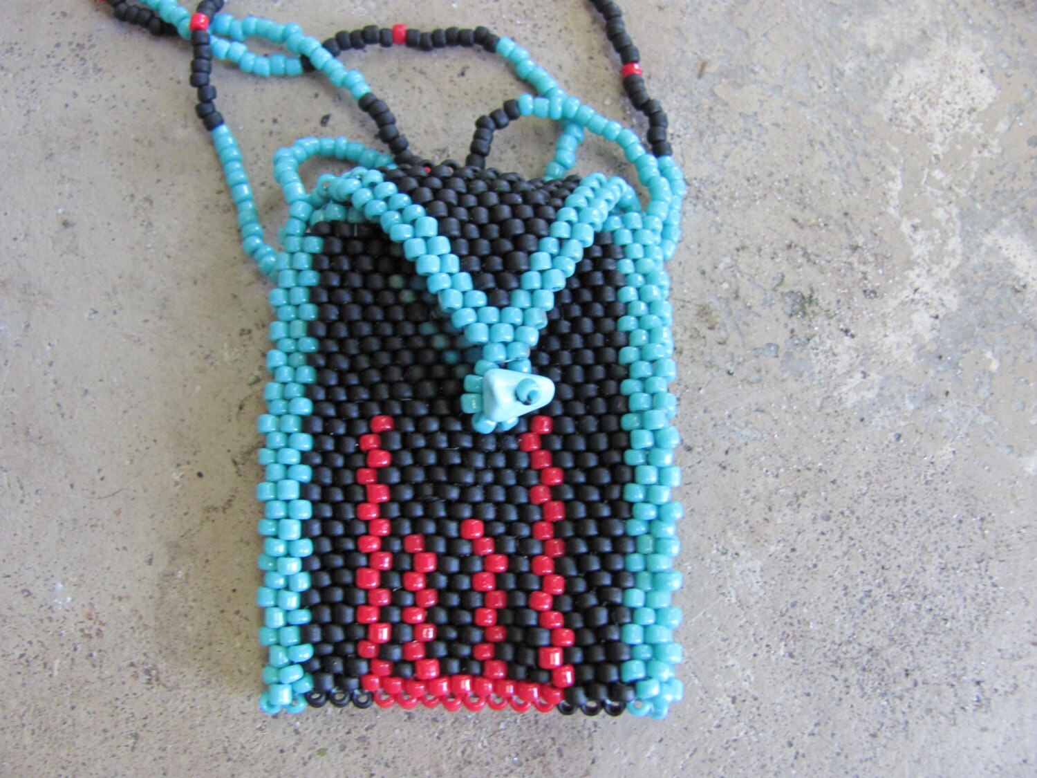 Peyote Beaded Medicine Bag In Black Red and Turquoise Glass