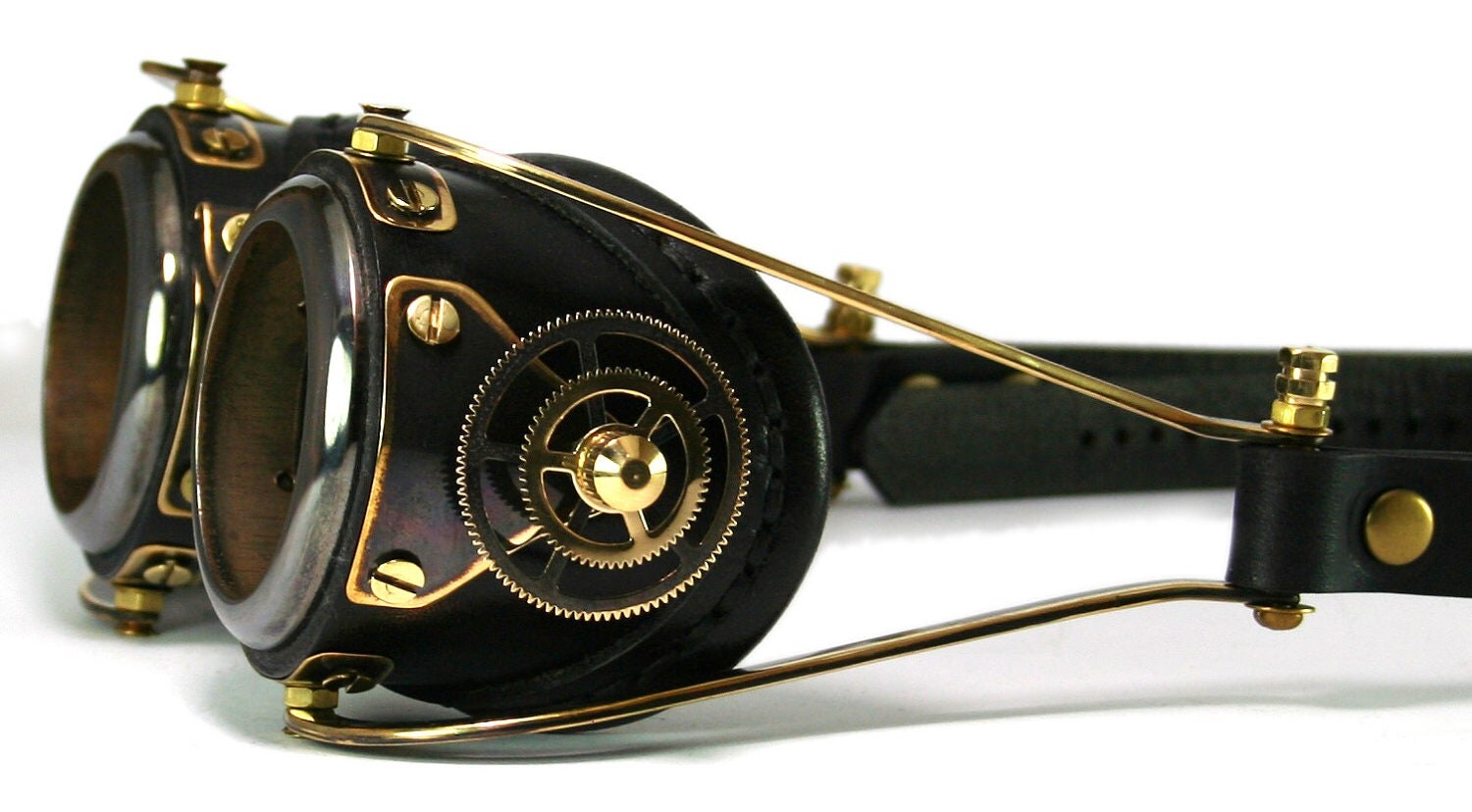 Steampunk Goggles Black Leather Blackened Brass Gears By Mannandco