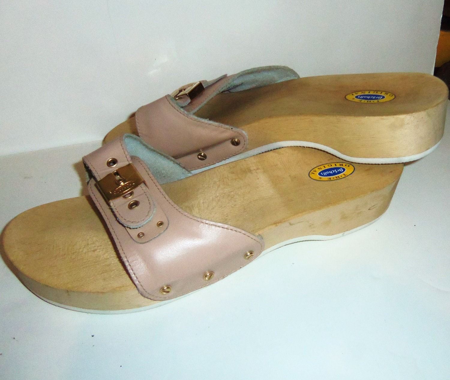 Vintage Dr Scholl Wooden Clog Sandals W Buckle Exersole Shoes