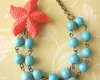 Starfish Necklace Turquoise Jewelry Coral Necklace Starfish Jewelry Beaded Necklace Bridal Shower Gift Summer Jewelry Beach Necklace