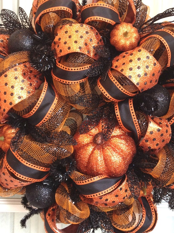 HaLlOwEeN wReAtH Deco Mesh Black Orange Glitter Pumpkin Door