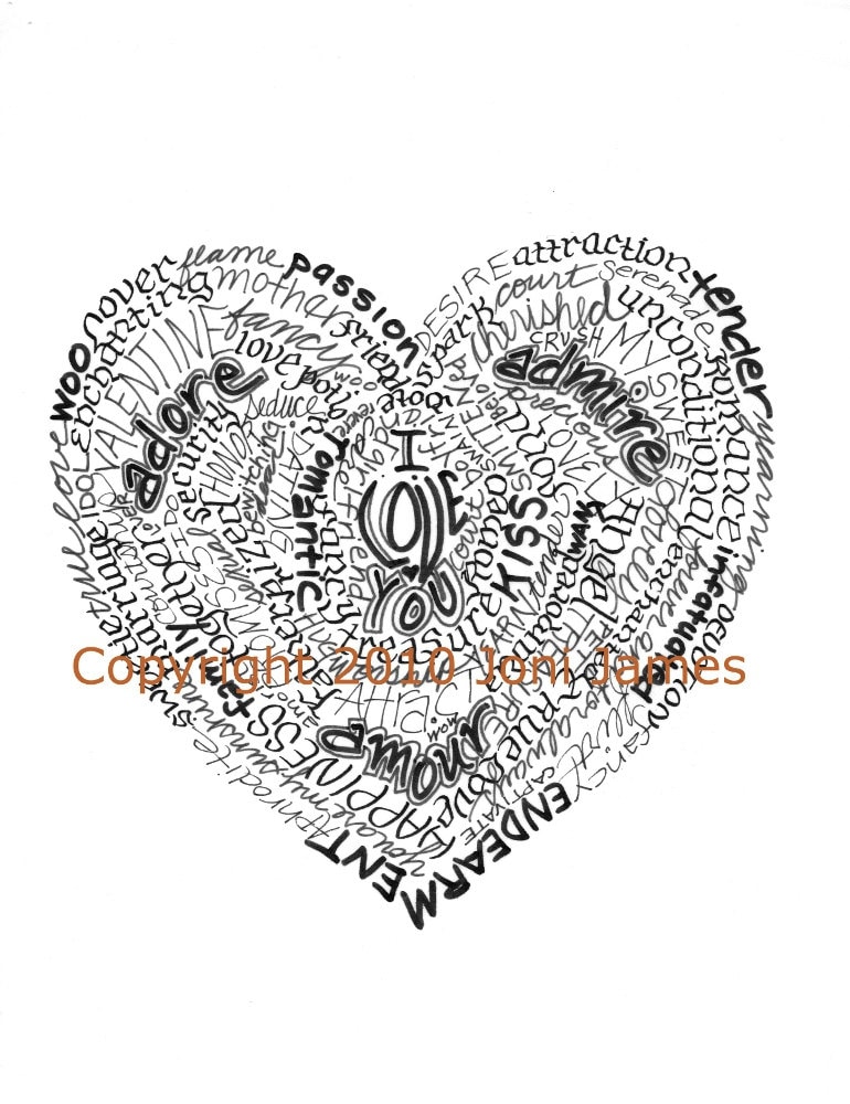 Valentine Heart Word Art Calligraphy Drawing by CalligramORama