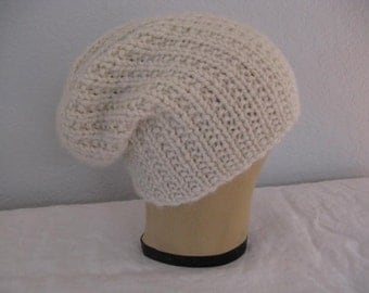 Chunky, Slouchy Hat for Women or Men. Hand Knit, 100 Percent Baby Alpaca Beanie in Winter White or Cream. Winter Accessories.