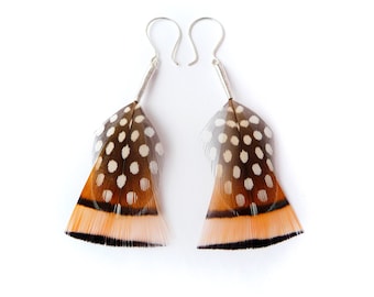 Burnt Orange Geometric Feather Earrings with Black Spots and Stripes