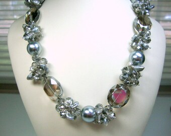 Bold Silver Pearls Silver Crystals Necklace Bride Bridesmaid Mother of Bride Wedding Jewelry
