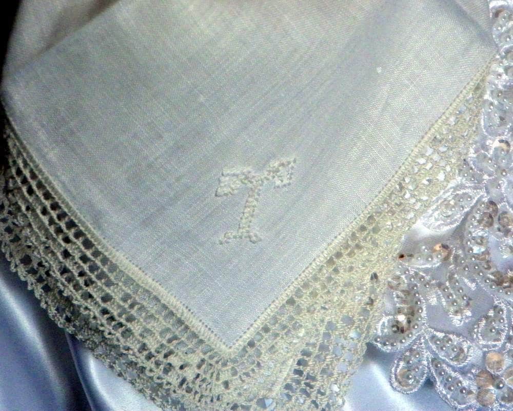 Bridal hankie Monogrammed T Crochet Lace Edging. by ...