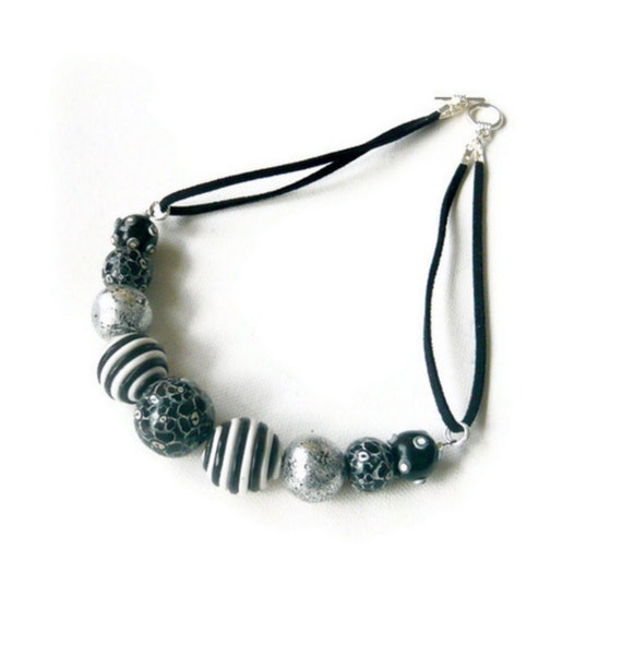 Black White Monochrome Necklace  Stripes Spots by Lottieoflondon