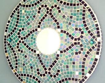 Modern Mosaic Mirror in shades of turquoise 600mm diameter