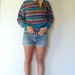 Vintage Striped Sweater Geometric Diamond Pattern Long Sleeves Mulitcolor Print