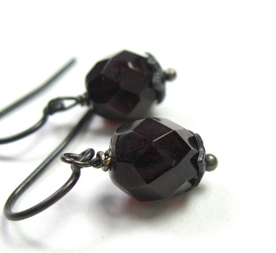 Black Cherry Czech Glass Vintage Style Earrings by jewelrybyNaLa