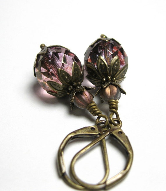 Victorian Style Earrings Topaz Pink Luster Czech by jewelrybyNaLa